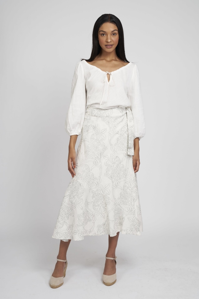 Picture of Artina Maxi Wrap Skirt Ivory Embroidered Linen