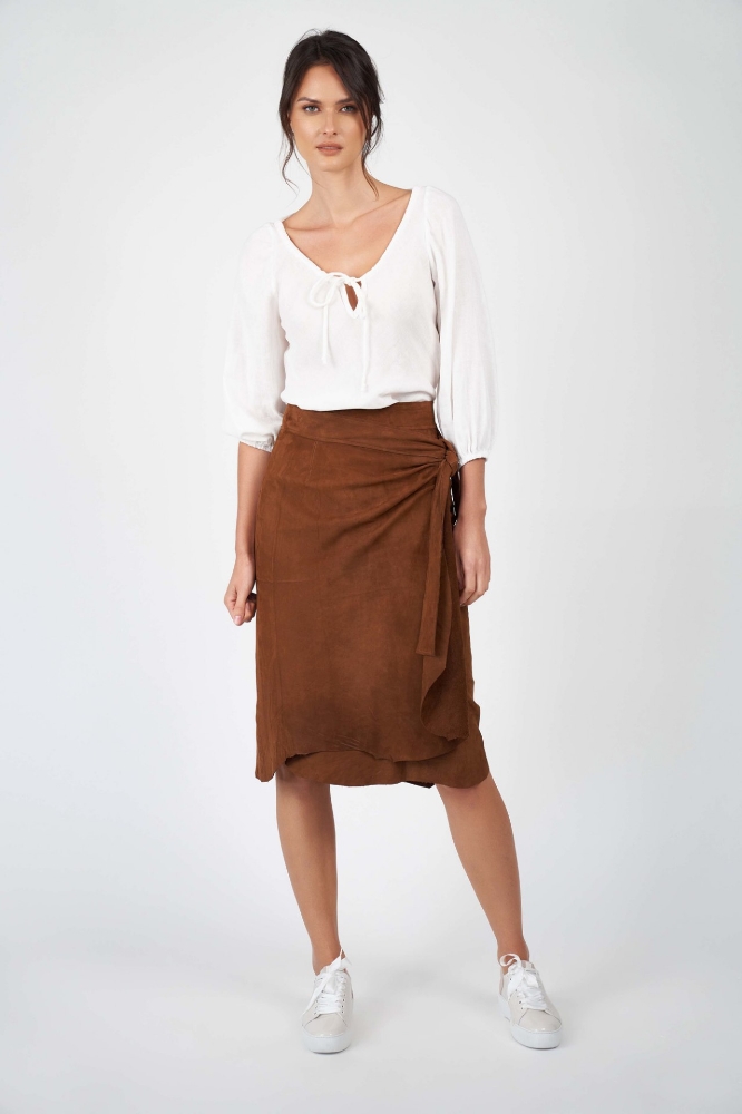 Picture of Maya Suede Wrap Skirt Tan