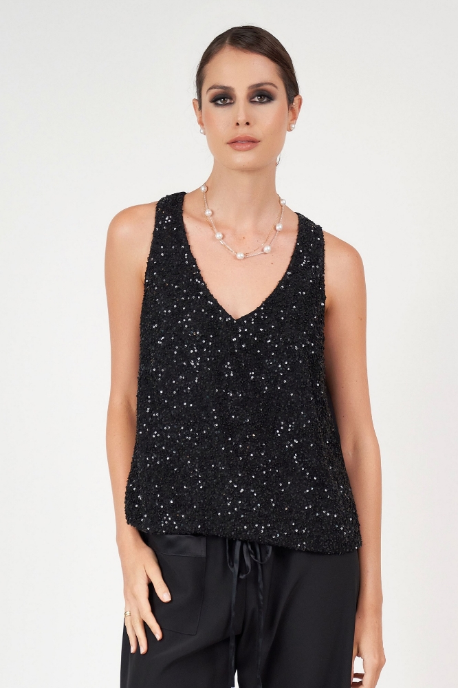 Picture of Helena Sequined V-Neck Top Black