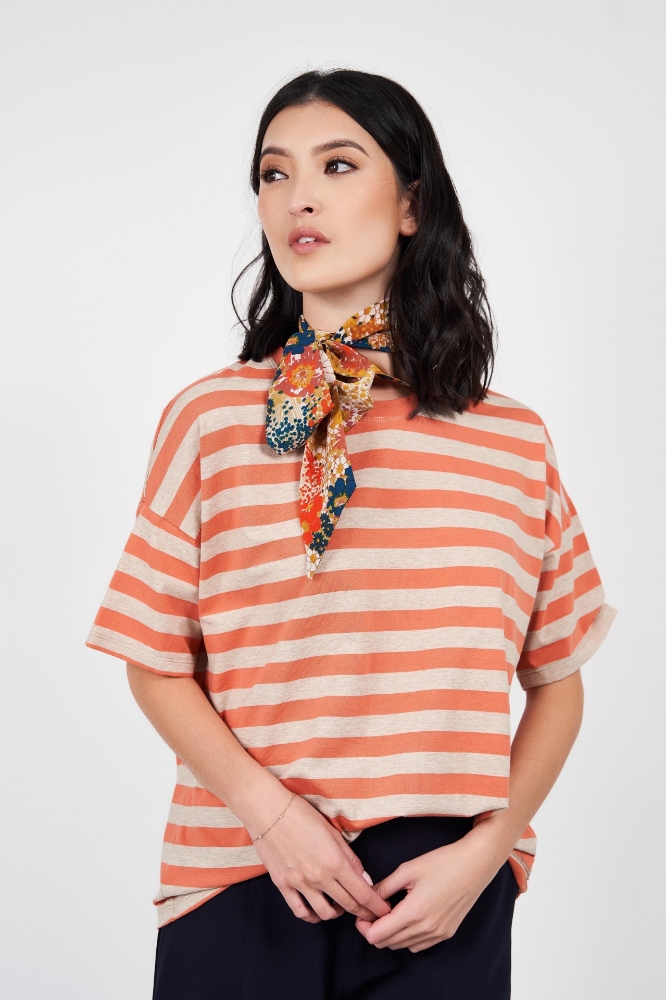 Picture of Kate Loose Fit T-Shirt Coral Stripe